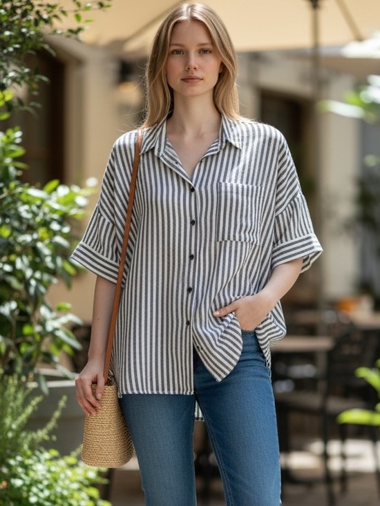 Splendid Tops - Splendid Linen blend Short-Sleeve Button-Down Shirt - Gray & White Stripes